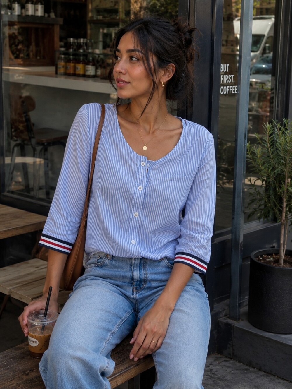 Japna Blue Stripe Cotton Button Blouse Preppy Nautical Coastal Grandma S
